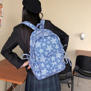 Denim <b>Backpack</b> For Female <b>Students</b> School Education Checkered Pattern Shoulder Strap Interior Zipper Pocket Summer 2024 - Product Image 4
