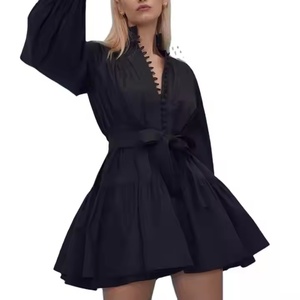 Nuevos Vestidos de Popelina de Manga Larga con Volantes, Cuello Alto, Plisados, Vestido de Algodón para Mujer, Mini Vestido Holgado de Algodón - Product Image 2