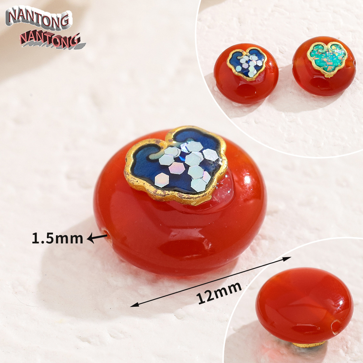 ลูกปัดหินอาเกตสีแดงรูปหัวใจสีน้ำเงิน 5 เม็ด