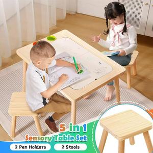 Ensemble table et chaise en bois pour enfants, usage domestique et maternelle, table d'apprentissage et d'éveil pour bébé, bois massif multi-usage - Product Image 1