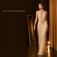 Robe de soirée longue pour femme, couleur or champagne, à sequins et franges, col halter, dos nu en V profond, pour tapis rouge, vente en gros