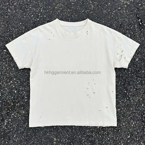 Camiseta Vintage para Hombre, Estilo Retro, Desgastada con Agujeros, Oversize, de Algodón, Blanca Lavada, Estilo Grunge Urbano, Corte Holgado - Product Image 1