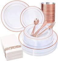 Ensemble de vaisselle jetable élégant blanc sans BPA pour 25 invités, 175 pièces, avec bordure or rose, pour mariage, fête, restaurant
