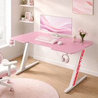 Bureau de jeu PC rose moderne avec éclairage LED, stations de jeu d'angle personnalisées, bureau de jeu RGB en métal réglable, pas cher