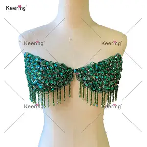 WDPE-055 Dark Green Handmade Beads Flower Tassels Board Crystal Decorative Shoulder Patches Rhinestone Applique For Dress