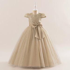Robe de demoiselle d'honneur de luxe brodée à fleurs, manches volantées, robe de princesse tutu bouffante, costume de scène pour fête d'anniversaire de filles avec nœud - Product Image 6