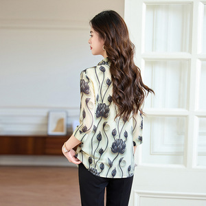 European Style Printed Collared Three Quarter Sleeve Shirt Women Floral Print Chiffon Loose Fit Elegant Top Everyday Wear - Product Image 4
