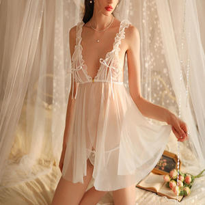 Burgundy Lace Deep V Strap Nightdress Front Open Mesh See-through Backless Hot and Sensual Lingerie ODM Wholesale - Product Image 5