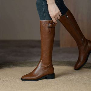 Women's Knee-High High Heeled <b>Boots</b> with Pointed Toe and Classic Design Featuring a Buckle Decoration for Autumn - Product Image 1