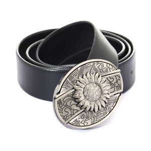 Ceinture en cuir PU noir pour femme, style western, avec boucle grande en alliage gaufré motif tournesol, pour tenue décontractée quotidienne - Product Image 1
