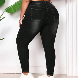 جينز ممزق بمقاسات كبيرة للنساء من المصنع الأصلي، بنطلون جينز ضيق عالي الخصر مرن، جينز كاجوال بلون موحد مع ثقوب - Product Image 4