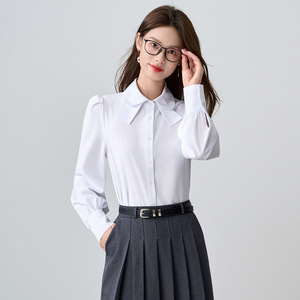 Blue Preppy Style Shirt Women Long Sleeve Puff Sleeve Solid Color Work Blouse Autumn Spring Commute Interview Poplin Fabric - Product Image 3