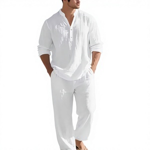 Ensemble 2 pièces décontracté homme en coton et lin, col montant, demi-ouvert, coupe ample, respirant, haut à manches longues et pantalon long, idéal été - Product Image 1