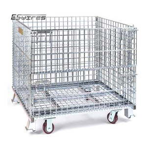 Heavy Duty Folding Rolling Wire Mesh Pallet Stackable Storage Bins for Warehouse Logistics