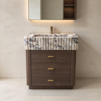 Lavabo flottant cannelé en marbre Calacatta Viola sur mesure, fait main, en pierre naturelle, avec meuble sous-vasque en bois et tiroirs pour villa