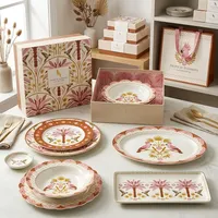 Service d'assiettes en céramique avec décalcomanie Or Rose, Porcelaine Exotique, Motif Cacatou et Palmier, Vaisselle pour Mariages, Boutiques et Vente en Gros