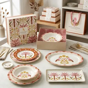 Juego <span class=keywords><strong>de</strong></span> Platos <span class=keywords><strong>de</strong></span> Cerámica con Calcomanía Rosa Dorada, Porcelana Exótica con Diseño <span class=keywords><strong>de</strong></span> Cacatúa y Palmera, Vajilla para Bodas y Boutiques, Venta al por Mayor - Product Image 5