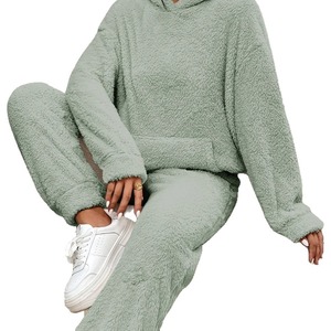 Nuovi arrivi abiti invernali caldi soffice tuta spessa <span class=keywords><strong>maglione</strong></span> tinta unita <span class=keywords><strong>vestiti</strong></span> con cappuccio donna due pezzi pantaloni - Product Image 3