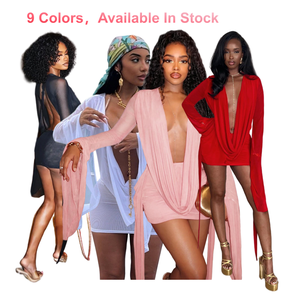 Wholesale <strong>Women</strong> <strong>Clothing</strong> Sexy Plunging Neck Mesh See Through Dress Long Flare Sleeve Backless Solid Bodycon Club Mini Dress New - Product Image 1
