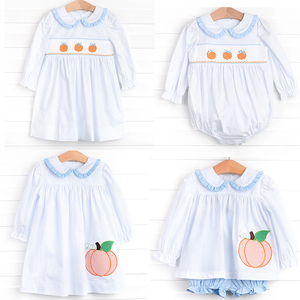 Applique di zucca Peter Pan collare con volant sorella abbinata per bambini vestiti blu Mini punto di cotone monogramma abiti per bambini - Product Image 1
