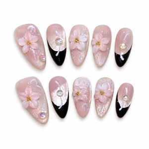 Faux ongles à presser en forme d'amande, motif fleur rose, couvrance totale, avec paillettes et strass, pré-conçus pour les doigts - Product Image 1