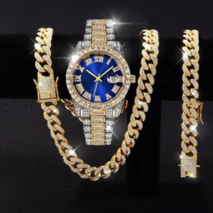 Ensemble Montre et Bijoux pour <span class=keywords><strong>Homme</strong></span> : Montre Calendrier Incrustée de Strass, Collier et Bracelet Hip Hop (3 pièces) - Product Image 2