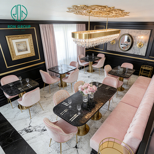 Table et chaises de café élégantes de style français, personnalisées, en marbre ovale, avec revêtement en velours rose, pour restaurant, salon de café - Product Image 5