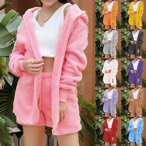 Plus XXXL Size Women's 3 Piece Shorts Sets Sleepwear Teddy Bear Plush 2022 Winter Clothes Shirt pajamas hooded