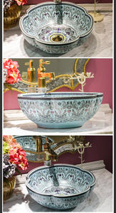 Exquisito lavabo de <span class=keywords><strong>cerámica</strong></span> con diseño floral para encimera, lavabo artístico de lujo hecho a mano de Estilo Vintage europeo - Product Image 6