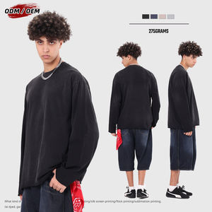 Camiseta Oversize Vintage de Hombre Estilo Wasteland con Teñido Jet, Manga Larga de Otoño, Bajo Deshilachado, Tejido 100% Liso - Product Image 1