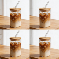 Gobelet en verre de 350 ml (12 oz) de forme carrée, style Ins, pour bière, lait, café glacé, thé, compatible micro-ondes et lave-vaisselle, avec couvercle en bambou et paille en verre