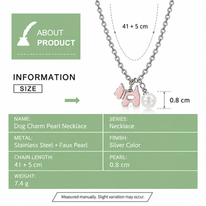 Pink Dog <b>Charm</b> <b>Necklace</b> Stainless Steel Silver Color Pendant with Narrow Cutout and 0.8 cm White Faux Pearl Accent - Product Image 2