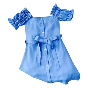 Bear Leader Girls Summer Solid Blue Dress One-Shoulder Puffed Aleeve A-line Dresses + Belt Kids Summer Wear