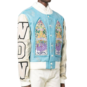 Veste en cuir patchwork personnalisée, patchs brodés, style vintage, lettreman, baseball, bomber, varsity, décontractée, doublure en polaire, devant - Product Image 4