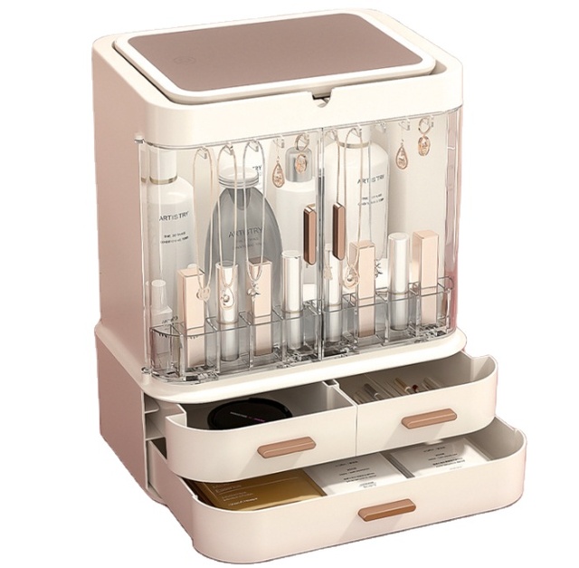 Multi Functional Double Door Makeup Storage Box With LED Mirror Easily Organize Cosmetic Box