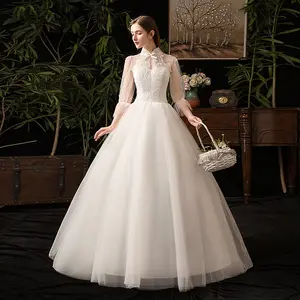 Stock Cheap Sheer Sleeve Ball Gown Bridal Wedding Gowns Stand Collar Applique Lace Bride Wedding Dresses