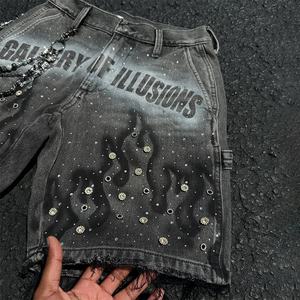 Jeans <span class=keywords><strong>Corti</strong></span> da Uomo Personalizzati con Stampa sulle Ginocchia, Vestibilità Ampia, Lavaggio Acido, Strass, Pantaloni Baggy in Denim, MOQ10 - Product Image 4