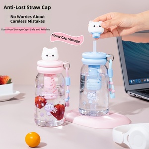 Nouvelle <span class=keywords><strong>tasse</strong></span> à paille en plastique motif <span class=keywords><strong>chat</strong></span> de dessin animé, portable, grande capacité, mignonne pour filles, résistante aux chutes, anti-fuite, <span class=keywords><strong>avec</strong></span> corde de levage - Product Image 5