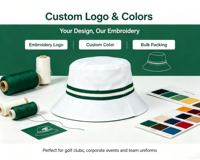 Chapeau de golf personnalisé OEM avec logo brodé, en sergé de coton, à large bord, protection UV, unisexe, pour golfeur et pêcheur, vente en gros