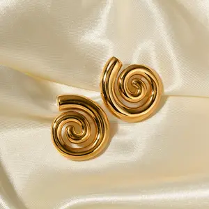 High Quality PVD 18K Gold SPIRAL Statement Earrings Stainless Steel Threaded Rotating Dangle Earrings For Women