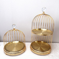 Support à gâteaux 2 ou 3 niveaux style cage à oiseaux vintage moderne pour hôtel, avec assiettes en acier inoxydable doré