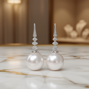 Orecchini Pendenti Classici con Perle Akoya in Oro Bianco, Argento 925 Placcato Rodio, Rotondi AAA, Gioielli da Sposa per Donna - Product Image 2