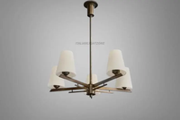 Lustre de luxe en laiton de style mid-century à 5 lumières avec abat-jour en tissu, luminaire suspendu design pour îlot de cuisine