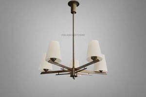 Lustre design moderne du milieu du siècle en laiton à 5 lumières avec abat-jour en tissu, luminaire suspendu pour îlot de cuisine, lampe de plafond - Product Image 5