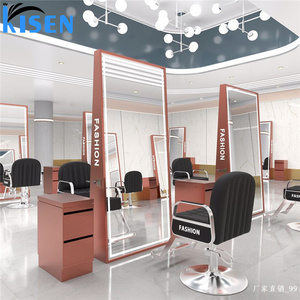 KISEN Stainless Steel Salon Cabinet Dressing <b>Table</b> And Storage Shelves Two-Way <b>Mirrors</b> With Led Light For Barber Shop Use - Product Image 6