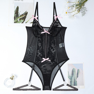 ชุดชั้นในเซ็กซี่หรูหราแบบขายส่ง ชุดเดรสทรงฮอลเตอร์ผูกโบว์ ชุดชั้นในตาข่ายซีทรู บราและกางเกงใน - Product Image 5