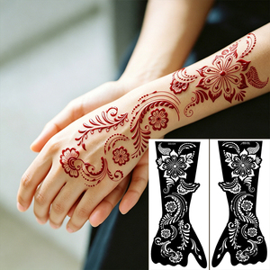 Pochoirs de henné rétro à grandes fleurs et motifs de vigne, modèles ajourés exotiques pour mariages indiens et Mehndi, autocollants de tatouage écologiques - Product Image 1