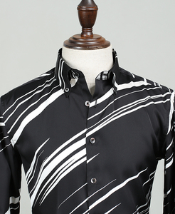 À la mode été formel à manches longues hommes <span class=keywords><strong>chemise</strong></span> noir et blanc imprimé contrasté col carré respirant <span class=keywords><strong>sans</strong></span> <span class=keywords><strong>repassage</strong></span> - Product Image 3