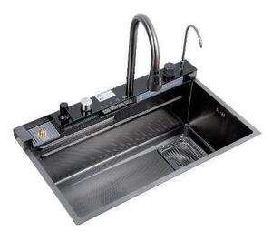 Évier de cuisine Whale Rain 750x450mm en acier inoxydable SUS304 noir titane PVD avec robinet de pluie intégré Zr Gold, kit complet - Product Image 6