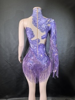 Justaucorps de Soirée Séduisant Coupe Évasée 7G à Épaule Unique, Costume de Danse Scénique pour Chanteuse et Danseuse avec Strass Bleus Scintillants et Franges